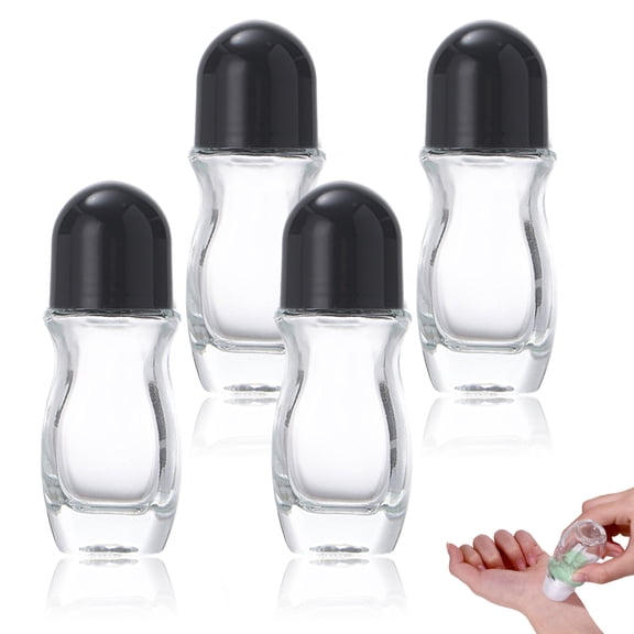 4 Pieces 50 ML Empty Glass Roller Bottles, Roll On Bottles with Plastic Roller Ball, Leak-Proof Refillable Roller Ball Applicator Containers with Black Lid for Massage Oils