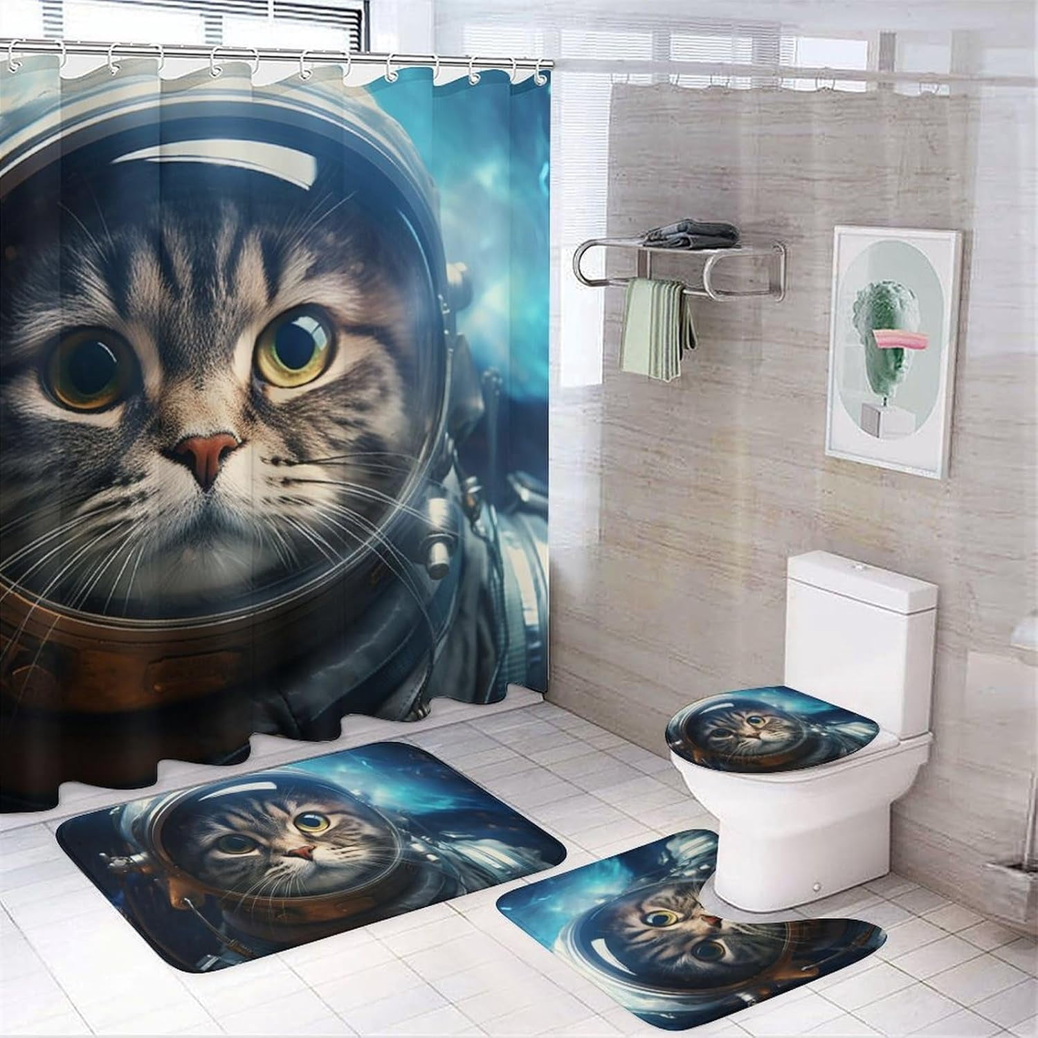 4 Pieces Abstract Space Cat Shower Curtain Set Blue Mysterious Animal ...
