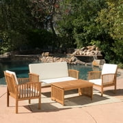 4 Pieces Acacia Wood Patio Furniture Set, Outdoor Conversation Sets with Coffee Table, Outdoor Seating Chat Set with Cushions for Porch, Balcony, Deck, Backyard