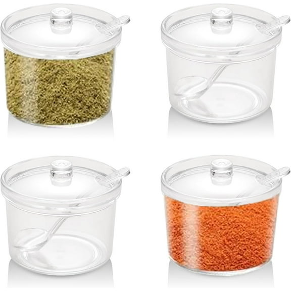 4 Pieces Acrylic Sugar Bowl with Lid and Spoon Storage,Bexikou 7.1 oz Clear Sugar Jar,Sugar Spice Salt Canister for Sugar, Salt, Tea, Spices, Herbs, Condiments