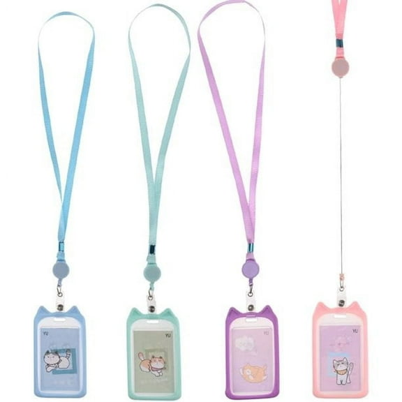 4 Pieces Adjustable Cat Ear Shape ID Badge Holder with Retractable Lanyard, Cute Cartoon Animal Shape Name Card Case Protector, Clear Waterproof Vertical Name Tag Cover