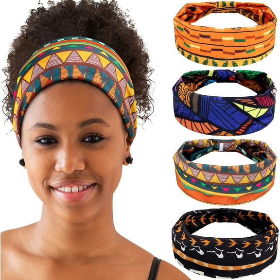4 Pieces African Headbands Knotted Wide Non Slip Yoga Stretchy Turban Hair Scarfs Workout Printed Headwrap Hair Accessories for Women and Girls