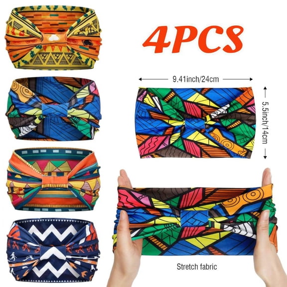 4 Pieces African Headbands Knotted Wide Non Slip Yoga Stretchy Turban Hair Scarfs Workout Printed Headwrap Hair Accessories for Women