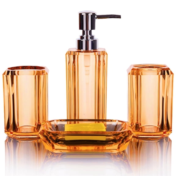 4 Pieces Amber Acrylic Bathroom Accessory Set,Hand Sanitizer Bottle Soap Dish Toothbrush Holder Mouthwash Cup,Premium Lotion Dispenser Set,Travel Gifts for Family By HXRH