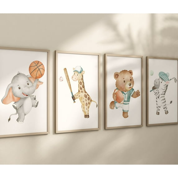4 Pieces Animal Nursery Wall Art Animals Sport Poster Minimal Safari Basketball Baseball Football Prints Canvas Painting Artwork for Sports Nursery Decoration with Inner Frame