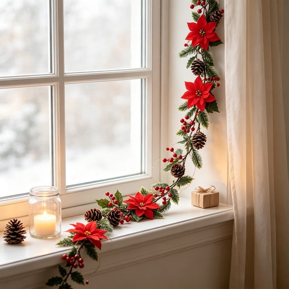4 Pieces Artificial Christmas Garland Branches, Poinsettia Flower ...