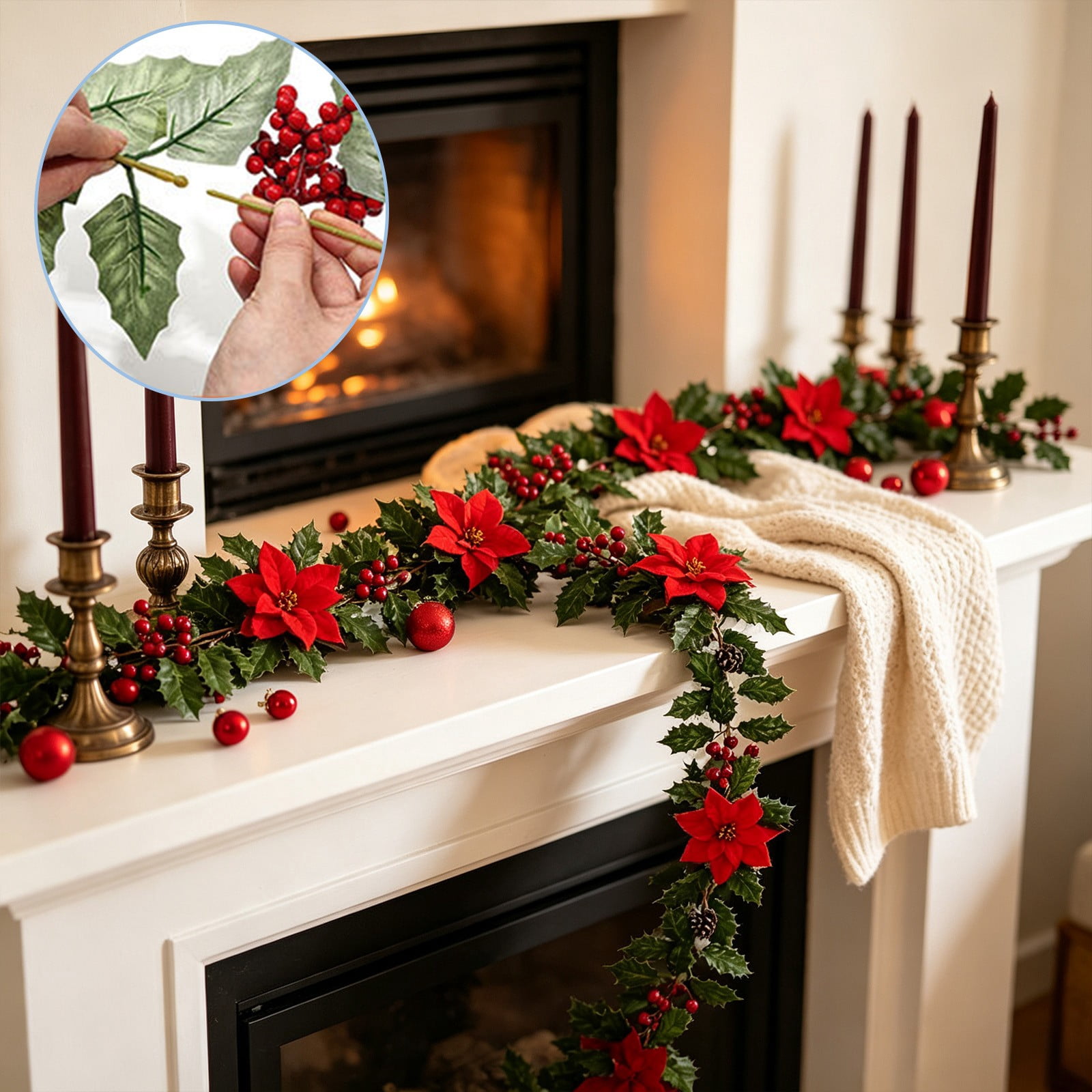 4 Pieces Artificial Christmas Garland Branches, Poinsettia Flower ...