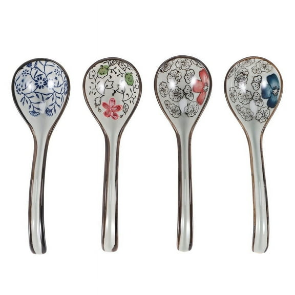4 Pieces Asian Retro Chinese Ceramic Rice Spoons Curved Handle Ramen Soup Spoon Painted Flower with Long