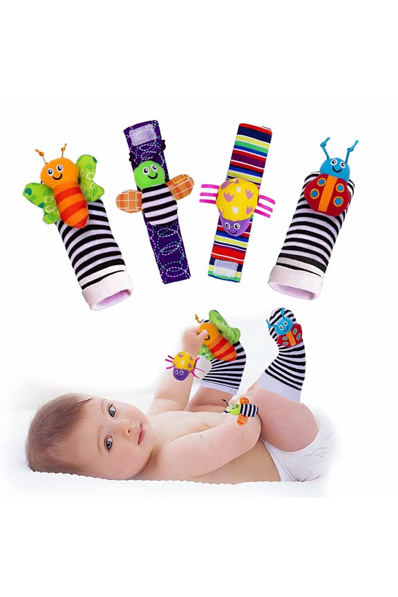 4 Pieces Baby Wrist Rattle Animal Rattle Foot Finder Socks Cartoon Baby Socks Baby Development Toys Early Learning Toys Infant Newborn Gift Boy Girl Bebe 0-3-6-12-24 Months