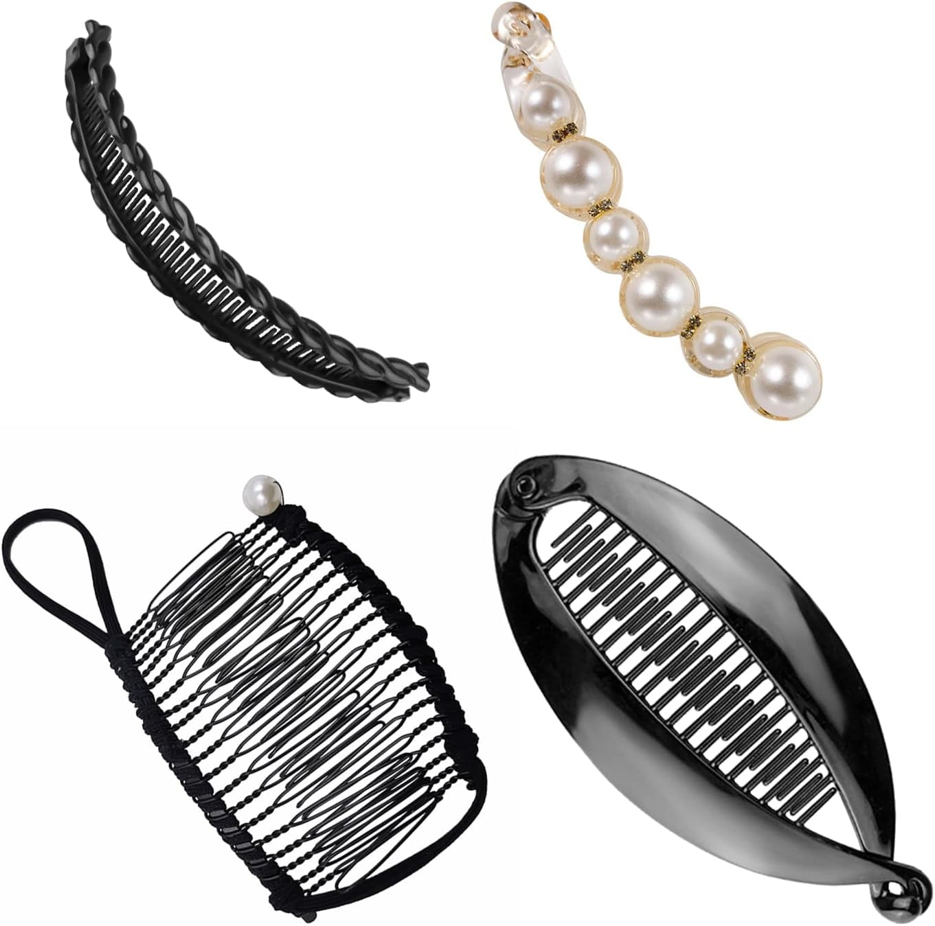 4 Pieces Banana Hair Clips, Double Comb Banana Clips, Fishtail Banana Clips, Pearl Banana Clips, Clincher Combs Banana Clips, Vintage Hair Clip Accessories Headwear DIY Hairstyles for Thick Hair.