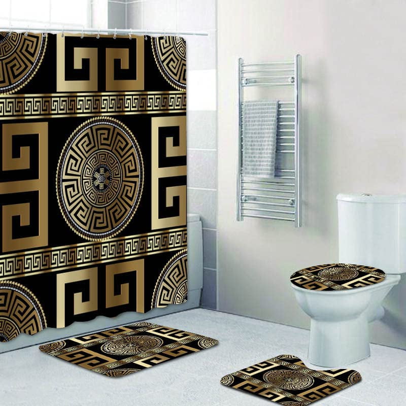 4 Pieces Bath Sets Geometric Black Gold Greek Key Meander, AntiSlip