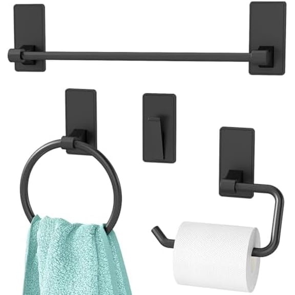 4 Pieces Bathroom Hardware Set, Stainless Steel Bathroom Accessory Set, 16 Inch Bath Towel Bar Set Self Adhesive Towel Racks for Bathroom Wall MountedMatte Black$$Tools & Hardware Other