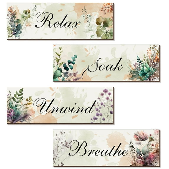 4 Pieces Bathroom Wall Decor Bathroom Wall Art Wooden Flower Restroom Art Relax Soak Unwind Breathe Sign for Bedroom Living Room Home（Cool Color）
