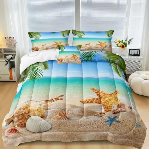 4 Pieces Beach Themed Bedding Set Queen Size Ocean Comforter Set Hawaii Scenery Style Conch and Starfish Printed Palm Tree Comforter Set for Summer with 1 CushionCover