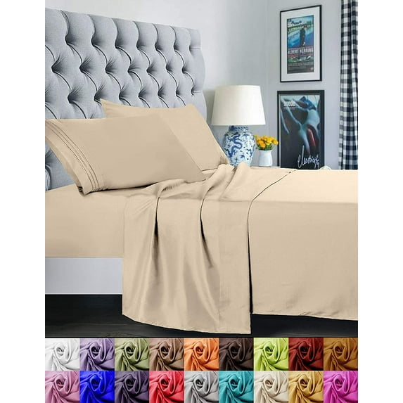 4 Pieces Bed Sheet set Flat,Fitted,Pillowcase - Full Cream
