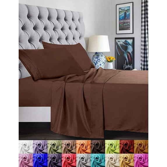 4 Pieces Bed Sheet set Flat,Fitted,Pillowcase - Twin/Twin XL Chocolate Brown