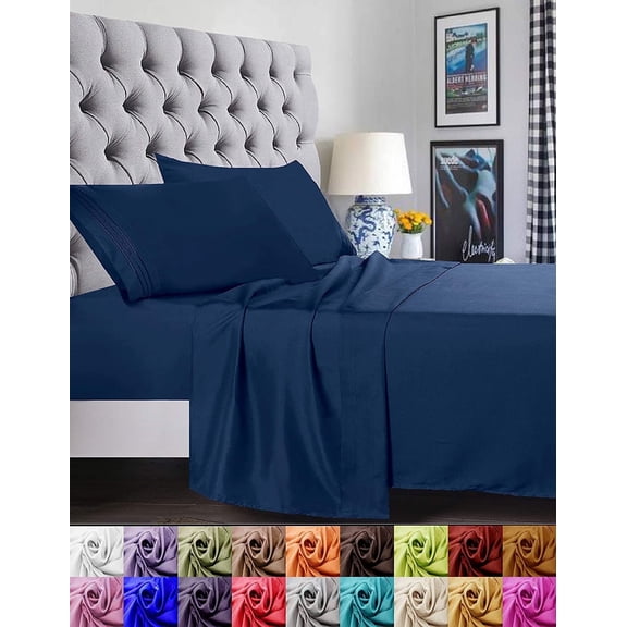 4 Pieces Bed Sheet set Flat,Fitted,Pillowcase - Twin/Twin XL Navy Blue