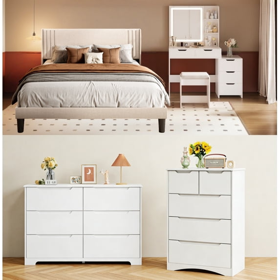 4 Pieces Bedroom Furniture Set, Includes Queen Size Bed Frame with Headboard, Vanity Desk with 5 Storage Drawers,Mirror and Lights,6-Drawers Dressers and 4-Drawer Dressers for Bedroom, White