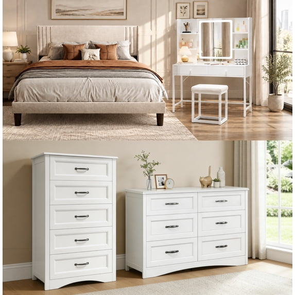 4 Pieces Bedroom Furniture Set, Includes Queen Size Bed Frame,Vanity Desk,6-Drawers Dressers and 5-Drawer Dressers with Black Handle for Bedroom