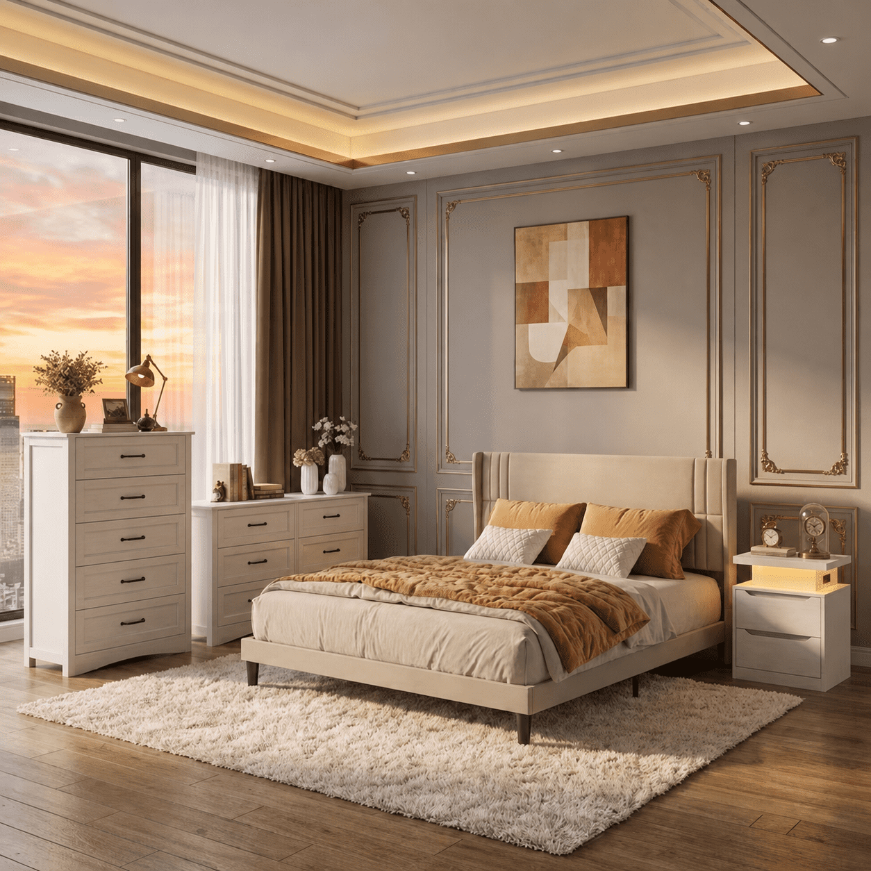 4 Pieces Bedroom Furniture Set, Queen Bed Frame with Wingback Headboard, 2 Drawer Nightstand,Wide 6-Drawer Dresser and Tall 5-Drawer Dresser with Aiti-Toppling Device- Beige&White