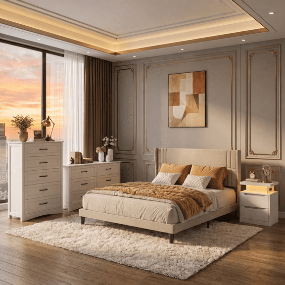 4 Pieces Bedroom Furniture Set, Queen Bed Frame with Wingback Headboard, 2 Drawer Nightstand,Wide 6-Drawer Dresser and Tall 5-Drawer Dresser with Aiti-Toppling Device- Beige&White