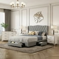 thumbnail image 1 of 4 Pieces Bedroom Furniture Set, Solid Wood Queen Size Upholstered Bed with Tufted Headboard & Three Drawers, 2 High Gloss Mirrored Nightstands and 1 Dresser with Metal Handles and Legs, Gray, 1 of 9