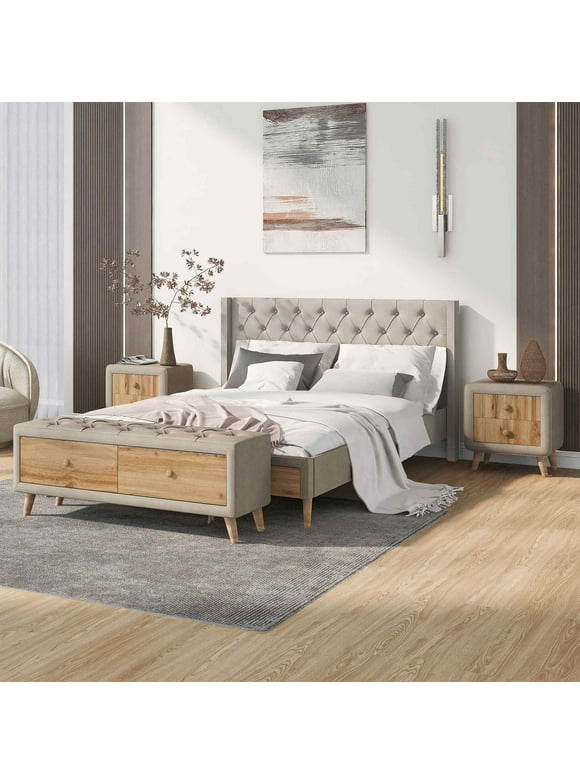 4-Pieces Bedroom Sets, Queen Size Platform Bed with Two Nightstands and Storage Bench, Wooden Bedroom Sets, Button Tufted Platform Bed Sets, Wood Platform Bed Frame, Bedroom Furniture Sets, Beige