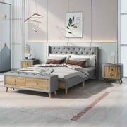 4-Pieces Bedroom Sets, Queen Size Platform Bed with Two Nightstands and Storage Bench, Wooden Bedroom Sets, Button Tufted Platform Bed Sets, Wood Platform Bed Frame, Bedroom Furniture Sets, Gray