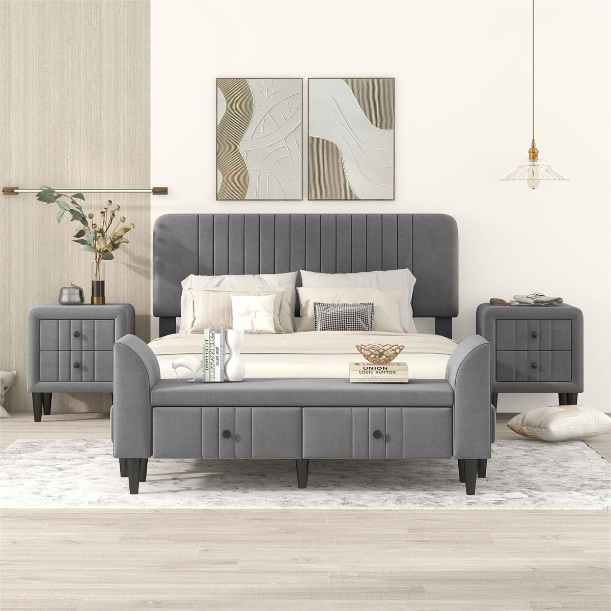 4-Piece Queen Bedroom Set: Upholstered Bed, 2 Nightstands, Storage ...