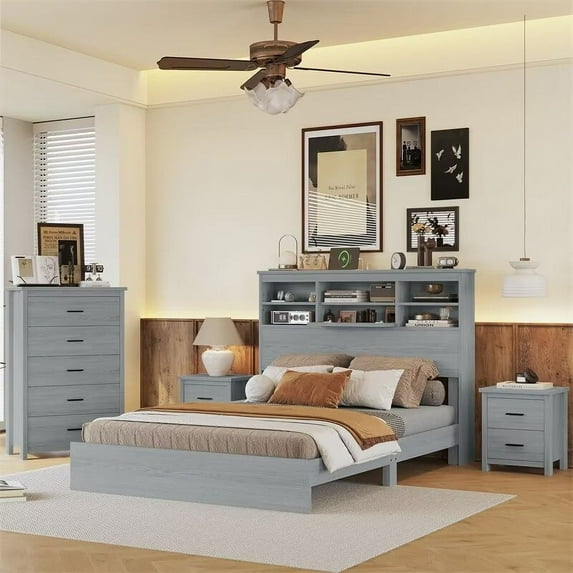 4-Pieces Bedroom Sets, Queen Size Vintage Wooden Bed Frame with 2 Nightstands and 1 Dresser for Bedroom, Light Gray