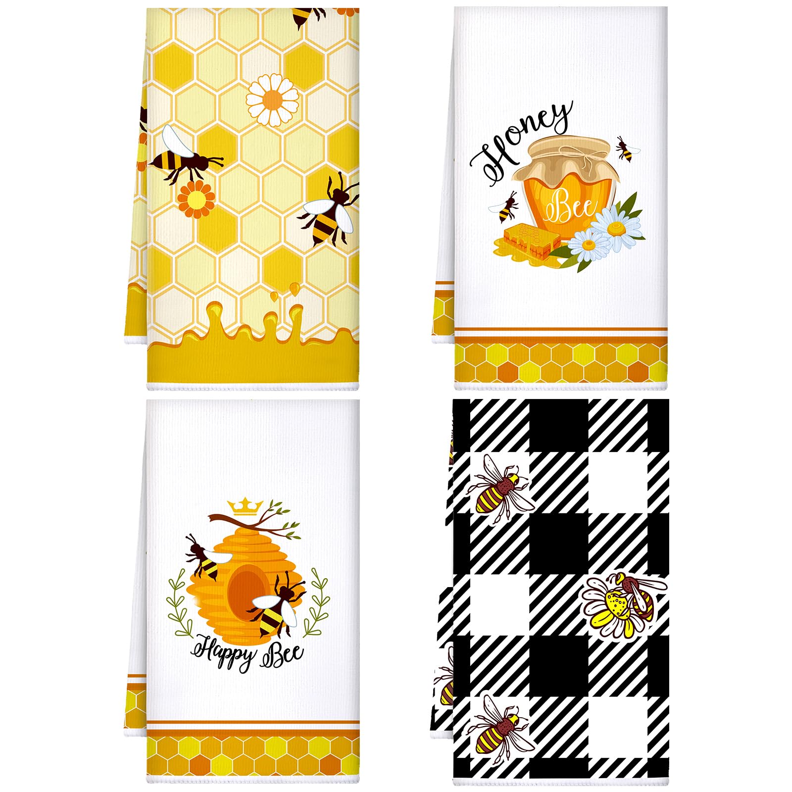 4 Pieces Bee Kitchen Towels Honey Bee Dish Towels Bee Hand Towels