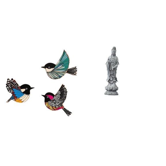 4 Pieces Bird Wall Decor Wooden Flying Birds Guan Yin Statue Stone Art Compact Size for Living Room Study Desk