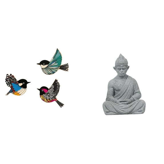 4 Pieces Bird Wall Hanging Monkey Buddha Statue Wooden Decor Multicolor Sculpture for Living Room Garden Study Room
