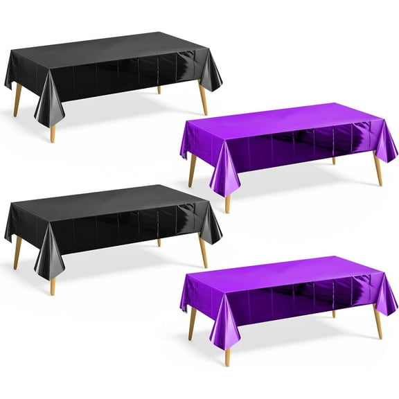 4 Pieces Black & Dark Purple Foil Tablecloth 54 * 72inch Plastic Birthday Party Table Cloths Disposable Waterproof Table Cover for Halloween Christmas Wedding Graduation Party Supplies
