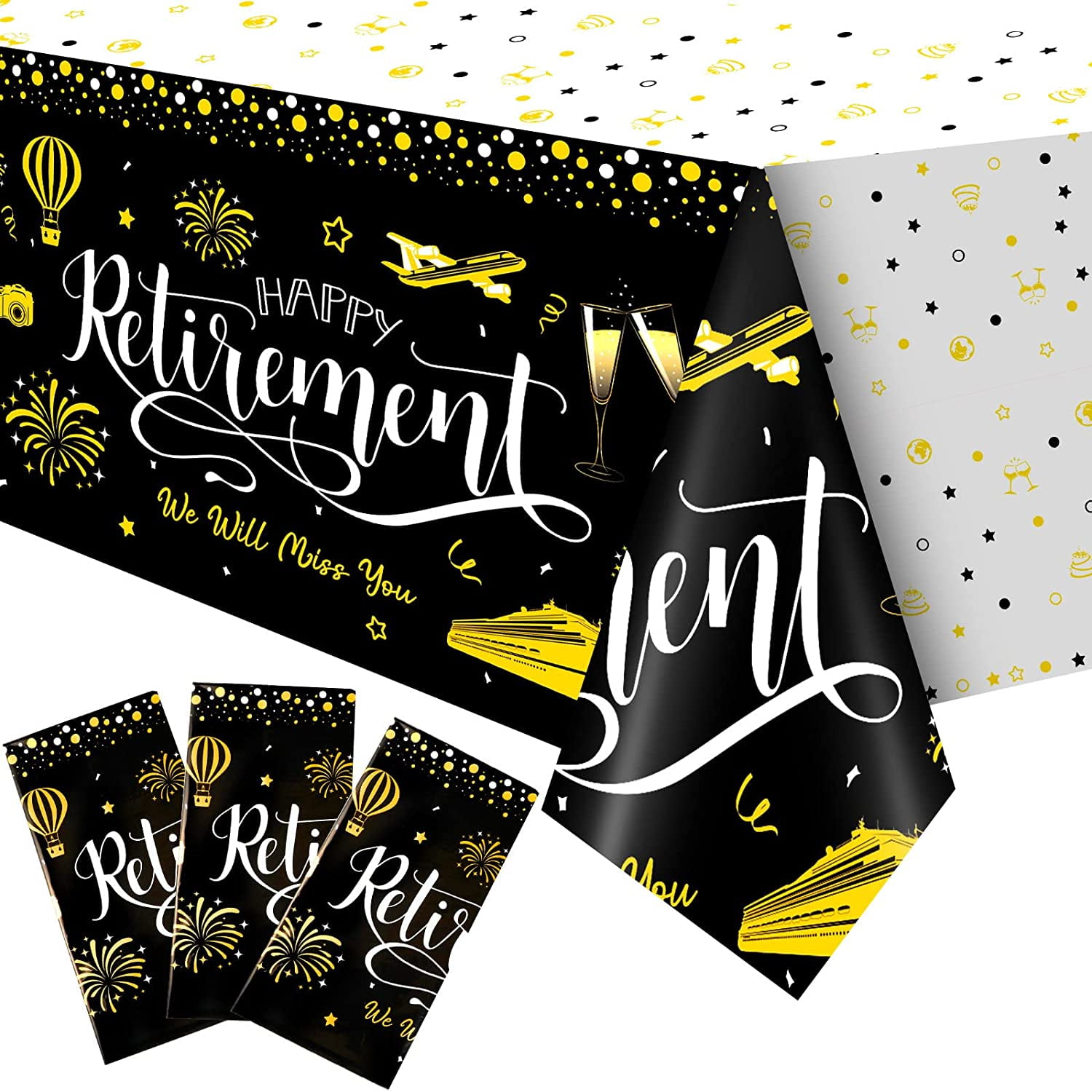 4 Pieces Black and Gold Retirement Tablecloth Disposable Plastic