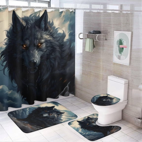 4 Pieces Black Wolf Shower Curtain Set Cool Wild Animal Abstract Bathroom Decor Sets with Rugs Bathroom Accessories Set Bathroom Curtain Shower Set with 12 Hooks