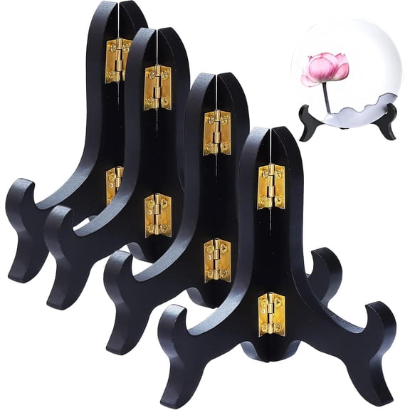 4 Pieces Black Wooden Easel Mahogany Finish Display Stand Plate Holder for Picture Frame Folding Display Stand (5 Inches)