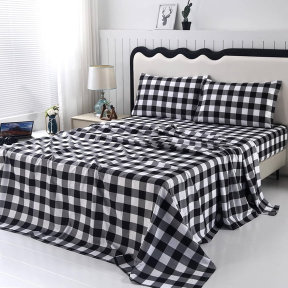 4 Pieces Black and White Gingham Sheets Queen, Soft Microfiber Striped Sheets Queen, Checkered Bedding Sheet Set All Season