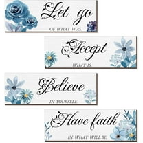 4 Pieces Blue Flower Wall Decor For Bedroom 12 x 4 Inch Accept-Let go-Have faith-Believe Wooden Inspirational Wall Art Decorations for Living Room Bathroom,Rustic Wooden Farmhouse Home Decor