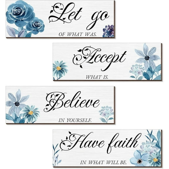 4 Pieces Blue Flower Wall Decor For Bedroom 12 x 4 Inch Accept-Let go-Have faith-Believe Wooden Inspirational Wall Art Decorations for Living Room Bathroom,Rustic Wooden Farmhouse Home Decor