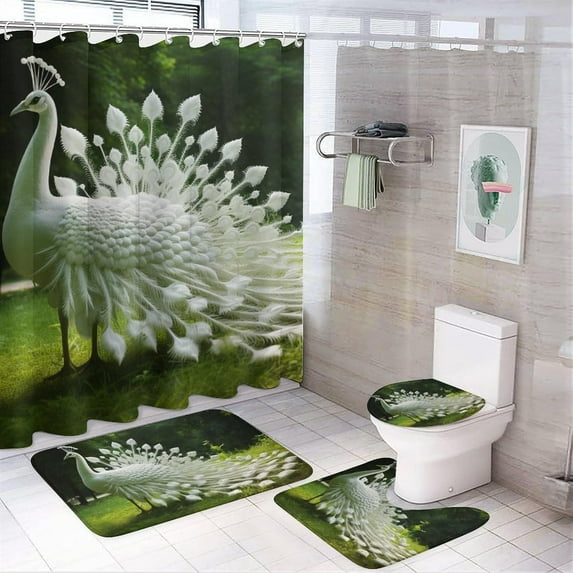 4 Pieces Blue Peacock Shower Curtain Set Beautiful Animals Bird Bathroom Decor Sets with Rugs Bathroom Accessories Set Bathroom Curtain Shower Set with 12 Hooks
