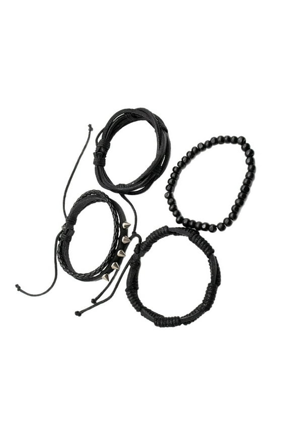 4 Pieces Braided Leather Bracelets Punk Styles Wrist Cuffs With Wood Beads and Metal Studs for Adults