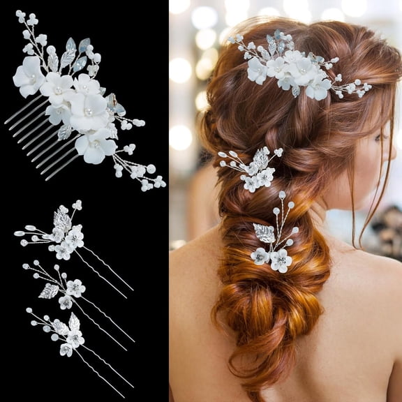 IBEQUEM 4 Pcs Bridal Hair Clips Rhinestone Pearl Flower Side Comb U-Shaped Floral Hairpins Bridal Headpieces,Wedding Hair Accessories for Bride