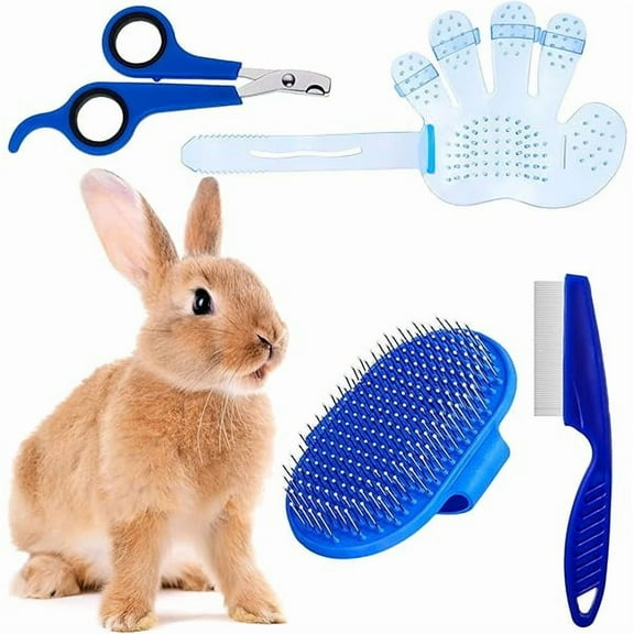 4 Pieces Bunny Grooming Kit: Brush, Hair Remover, Nail Clipper, Shampoo Brush with Adjustable Ring Handle for Rabbits, Hamsters (Blue)