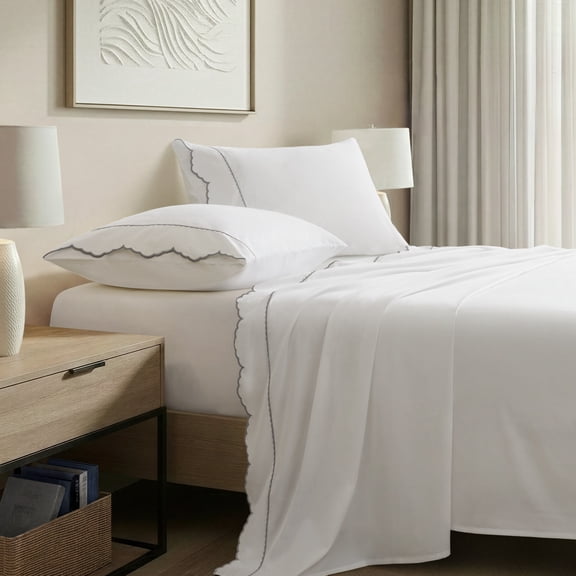 4 Pieces Cal King Cotton Sheet Set,Grey+White