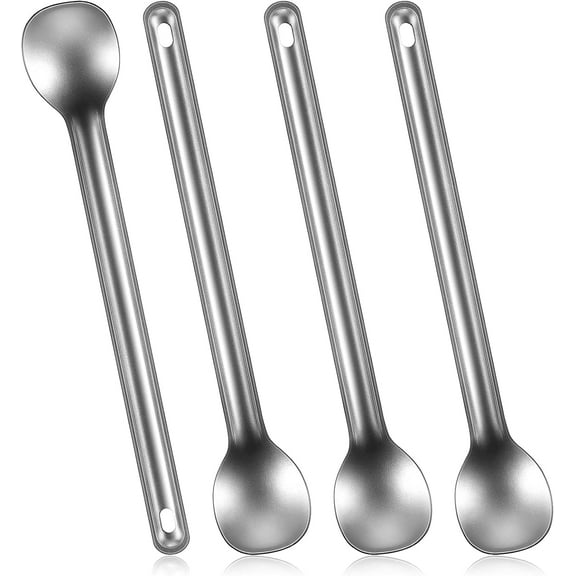 4 Pieces Camping Spoon Long Handle Titanium Spoon Lightweight Ultralight Portable Flatware Soup Utensil for Outdoor Camping Backpacking Hiking Travel Picnic(Silver)