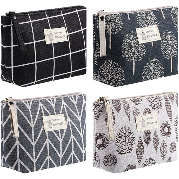 4 Pieces Canvas Makeup Bags Set Small Cosmetic Pouches for Purse with Zipper Multi Functional Toiletry Travel Case Organizer for Women Gift, 4 Styles(Small,Arrow, Plaid, Tree, Leave)
