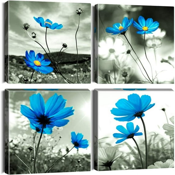 4 Pieces Canvas Prints Wall Art - Blue Flowers Picture Painting- Modern Wall Artwork Framed for Bathroom Home Office Decor - 12 x 12 Inch