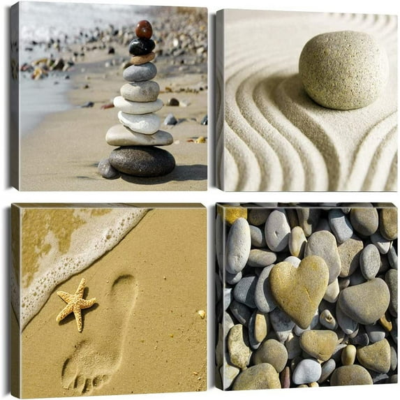4 Pieces Canvas Prints Wall Art - Seaside and Stones Picture Painting- Modern Wall Artwork Framed for Bathroom Home Office Decor - 12 x 12 Inch