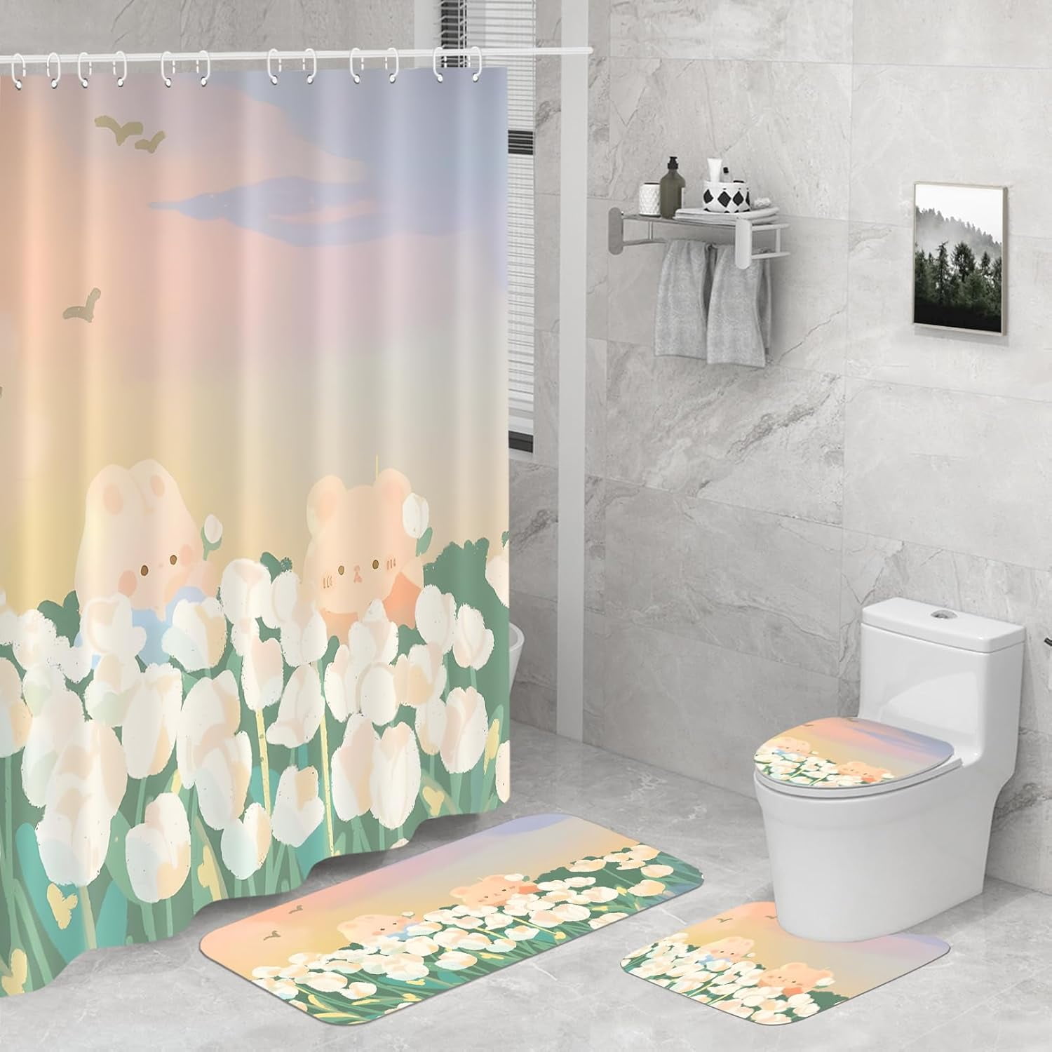 4 Pieces Cartoon Bear Shower Curtain Set Kawaii Bathroom Accessories, Toilet Lid and Non-Slip Rugs,Cute Waterproof Shower Curtain Bathroom Accessories Sets Home Decor,12 Hooks,72 x 72 Inches